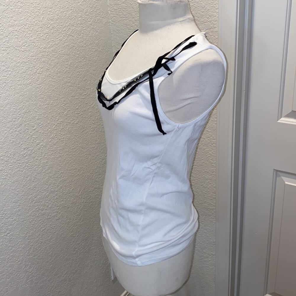Ann Taylor Round Neck White Cotton Tank Top Sz M Lace Ribbon & Rhinestones - Picture 3 of 8